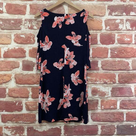 Connected Apparel Dress Women's 4 Petite Black Multicolor Floral Cold Shoulder - Picture 2 of 8